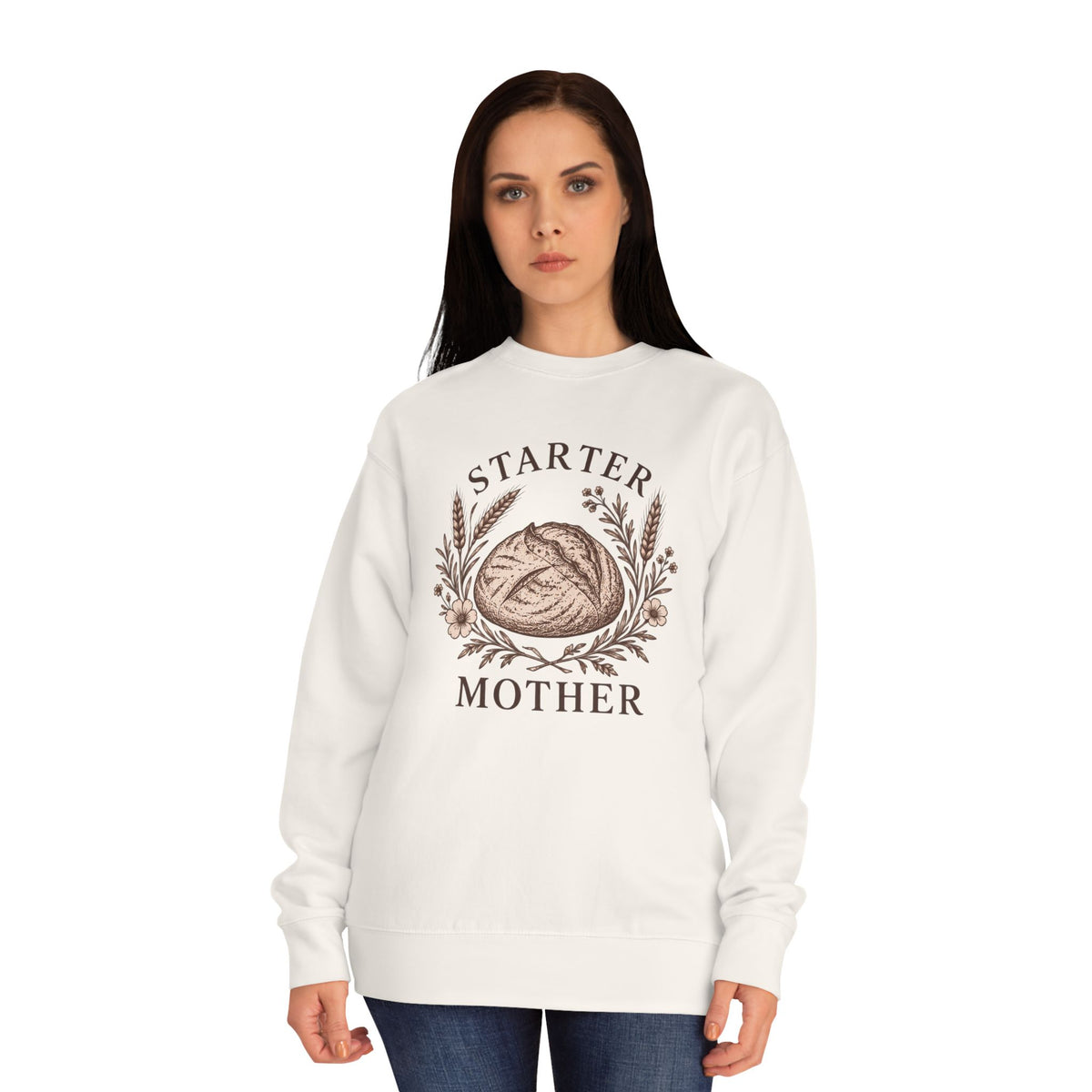Starter Mother Sweatshirt – Rustic Bread & Herb Crewneck for Bakers and New Moms