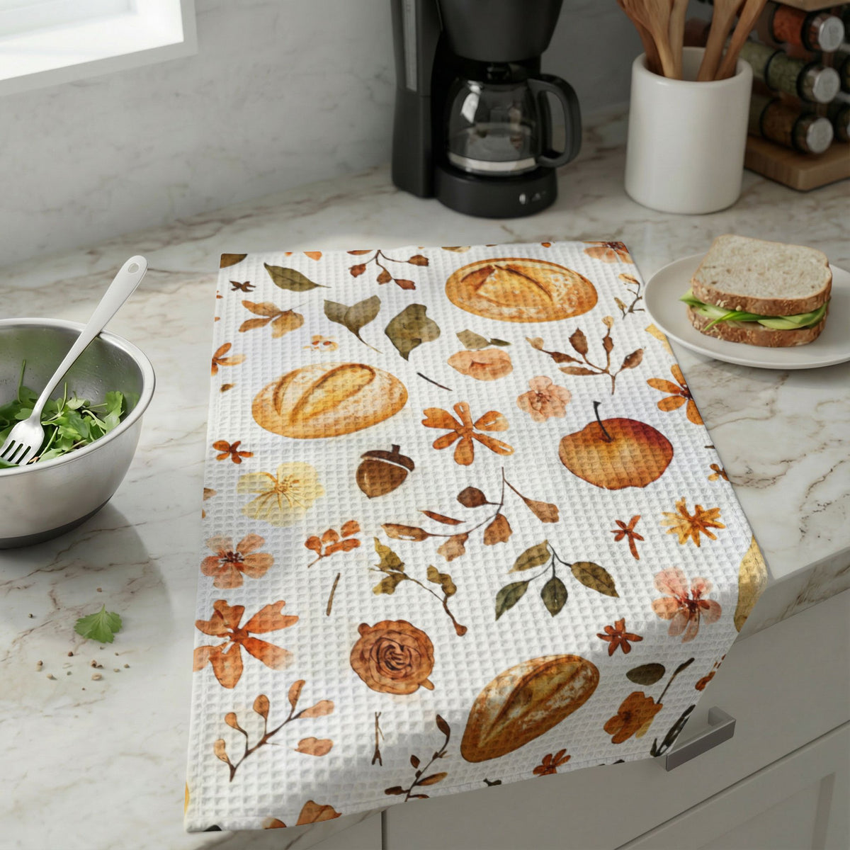 Autumn Harvest Waffle Weave Kitchen Towel — Bread, Apples & Acorns Fall Tea Towel