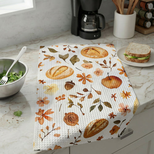 Autumn Harvest Waffle Weave Kitchen Towel — Bread, Apples & Acorns Fall Tea Towel