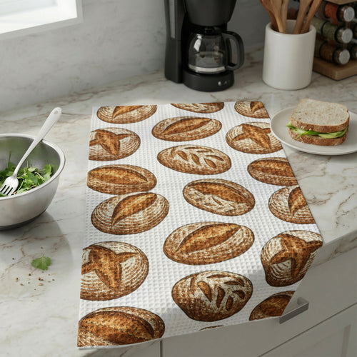 Bread Pattern Waffle-Weave Kitchen Towel — Rustic Artisan Loaf Design