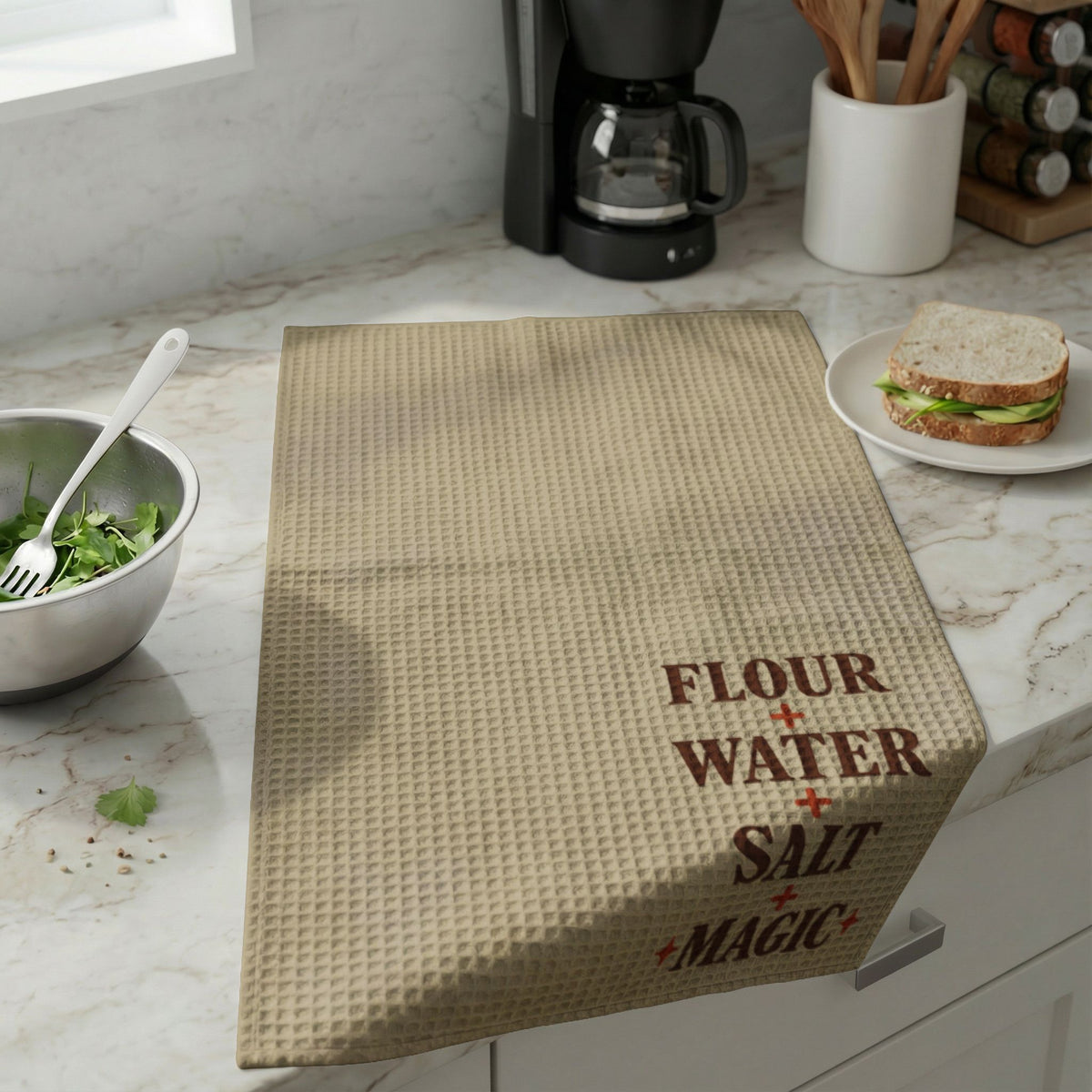 Waffle Weave Kitchen Towel – "Flour + Water + Salt + Magic" Rustic Baking Tea Towel