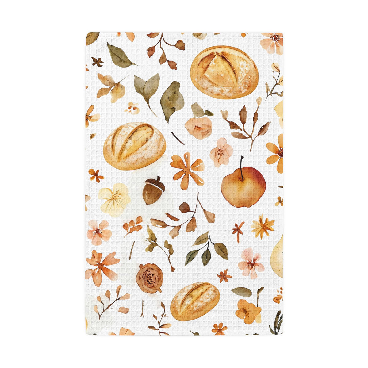 Autumn Harvest Waffle Weave Kitchen Towel — Bread, Apples & Acorns Fall Tea Towel